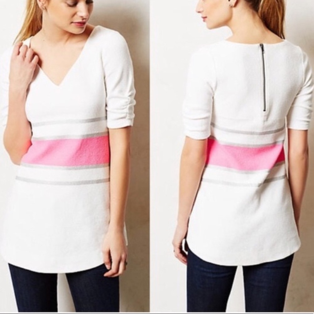 Antropologie Deletta Tunic Top Short Ruched Sleeves White Pink Sz S